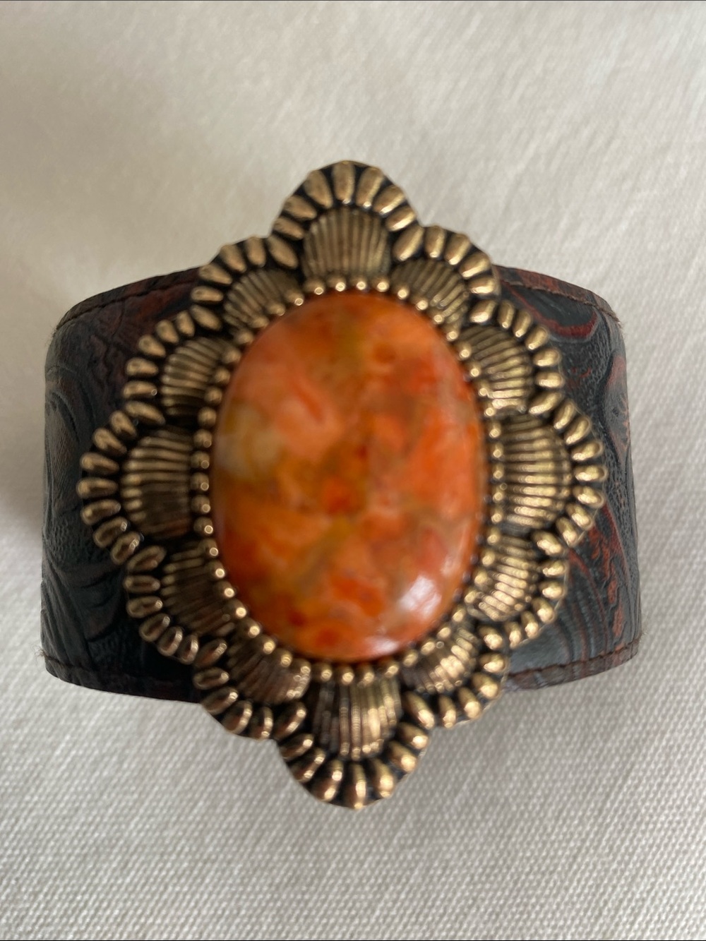 Studio Barse orange magnesite stone rosette leather cuff southwest